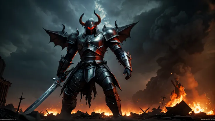 realistic demon knight, demon knight in battle armour, demon knight wielding a sword, detailed demonic features, glowing red eyes, sharp fangs, horns, dark armour, medieval battlefield, dark clouds, destroyed buildings, rubble, smoke, war-torn environment,...