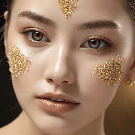 young woman with a silica matrix body texture, embellished with crystal gold hues, face close-up, high end skin retouching, Hyperrealism in portrate