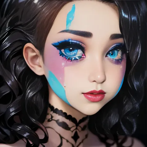 a close up of a woman with a face painted with a painting, crying makeup, china doll face, beautiful crying! android woman, intricate clown makeup, creative makeup, beautiful and creepy, clown makeup, face paint around eyes, leaky make - up, doll face, ins...