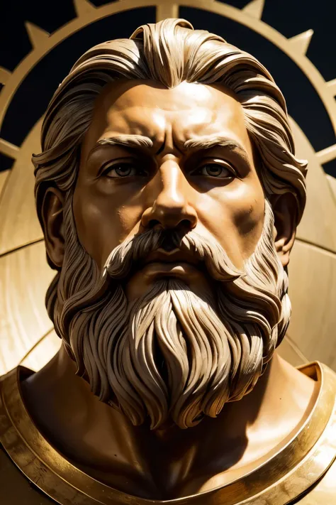 A close-up of the face of a stoic wise man with a beard from Olympus, radiating divine power and contained energy, composed of white marble and shiny gold details. His expression is one of profound authority and confidence., with a fierce and determined lo...