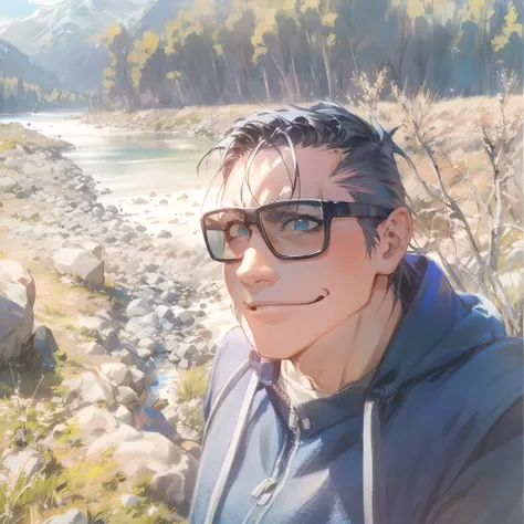 arafed man in sunglasses standing near a river with a mountain in the background, with mountains in the background, with mountains in background, river in the background, in mountains, with sunglass, in sunny weather, in front of a forest background, profi...