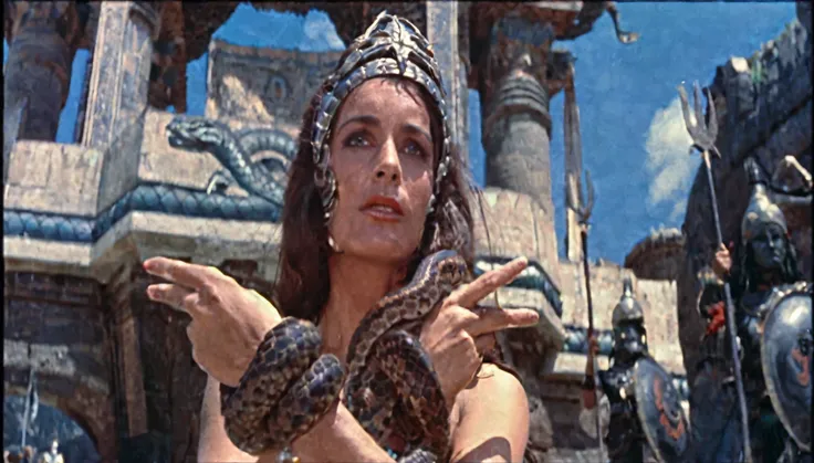 imagen ultra realista, de 1950, arafed woman in a tiara holding a snake in front of a castle, in the film excalibur 1 9 8 0, movie still of aztec cyborg, queen of snakes, snake woman, as atlantean reptilian warriors, aztec princess fights barbarians, her m...