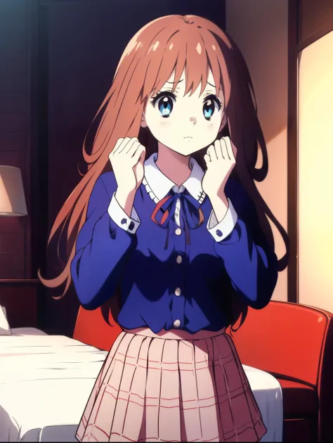 Ai shindou, 1girl, solo, long hair, floating hair, blue skirt, blue uniform, brown hair,  long sleeves, blue sea eyes, plaid, cover face with hands, sad, plaid skirt, ribbon, cowboy Shot,
home in the room,
masterpiece, high quality, very_high_resolution, l...