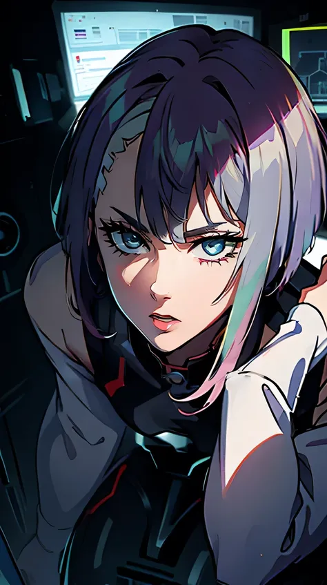 anime、High resolution、Best Quality、masterpiece、One Woman、Purple Hair、Short Bob、Beautiful Eyes、Slender women、earth defense force、Full body portrait、Blue tactical suit、Inside the control room、A tense expression、