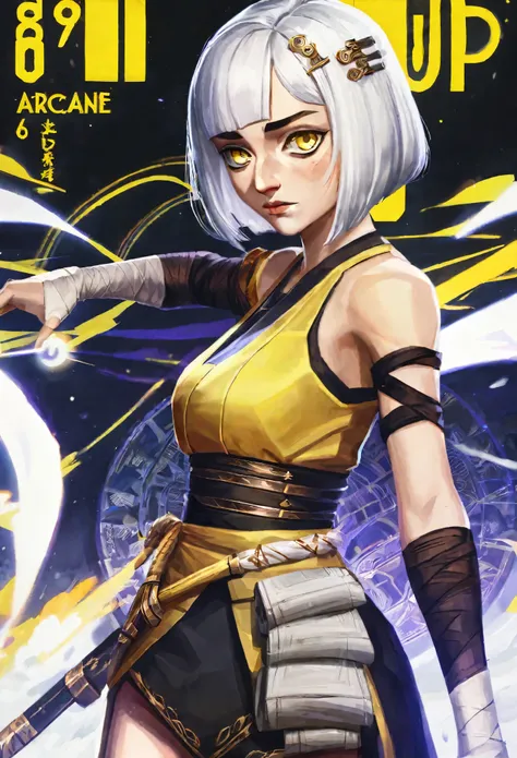 score_9, score_8_up, score_7_up, score_6_up, best aesthetic, Arcane style, 1girl, bandage wrapped arms, black and yellow Kimono, sword on hip, blunt bangs, bob cut, white hair, yellow eyes, elegant, sophisticated, 4K resolution, perfect lighting, perfect c...