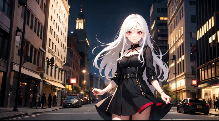 Linda Vampire with white hair in a short dress in the city