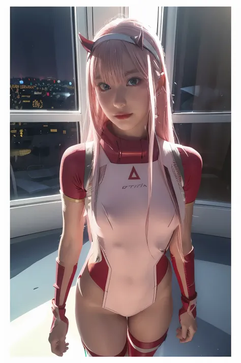 dynamic angle,ultra-detailed, illustration, straight on, 1girl, ((Zero two, interface headband with a pair of horns, red bodysuit:1.4, pink hair)), Her eyes shone like dreamy stars,(glowing eyes:1.233),(beautiful and detailed eyes:1.1),(expressionless, clo...