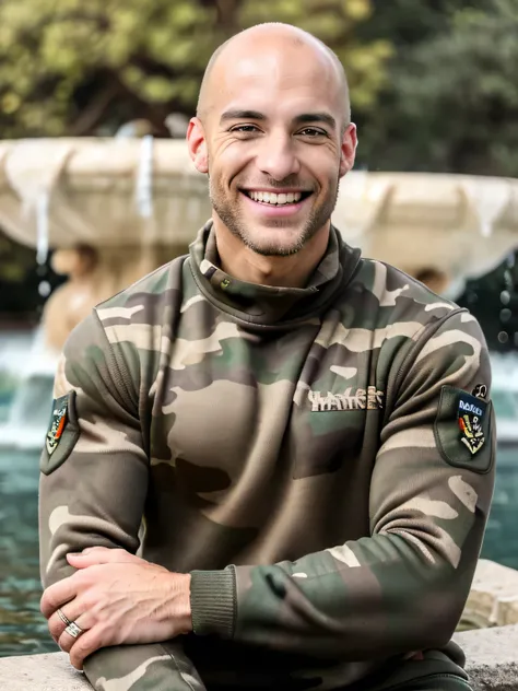 ((8k ((best quality)), ((masterpiece)), (very detailed), real face bald male very muscular fullbody wear camouflage attached pullover sunglass smiling stand by fountain