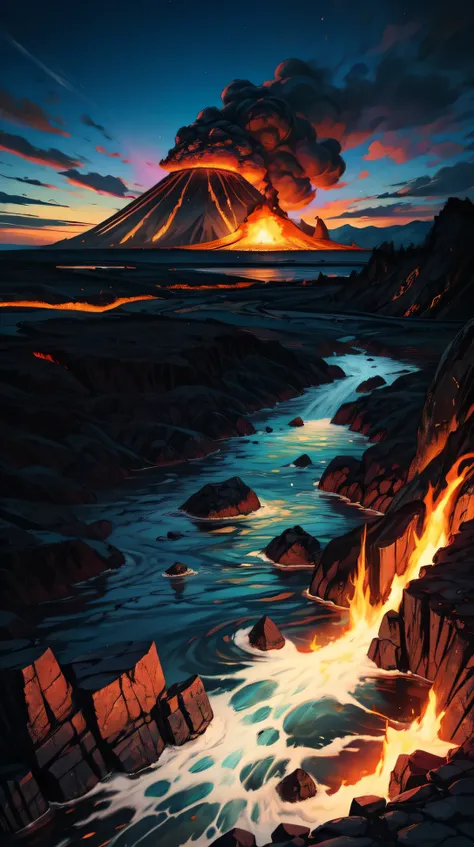 "A volcanic landscape with flowing lava streams, black volcanic rock, and a bright blue sky. The vivid colors and intense natural beauty make the scene feel exotic and dramatic."