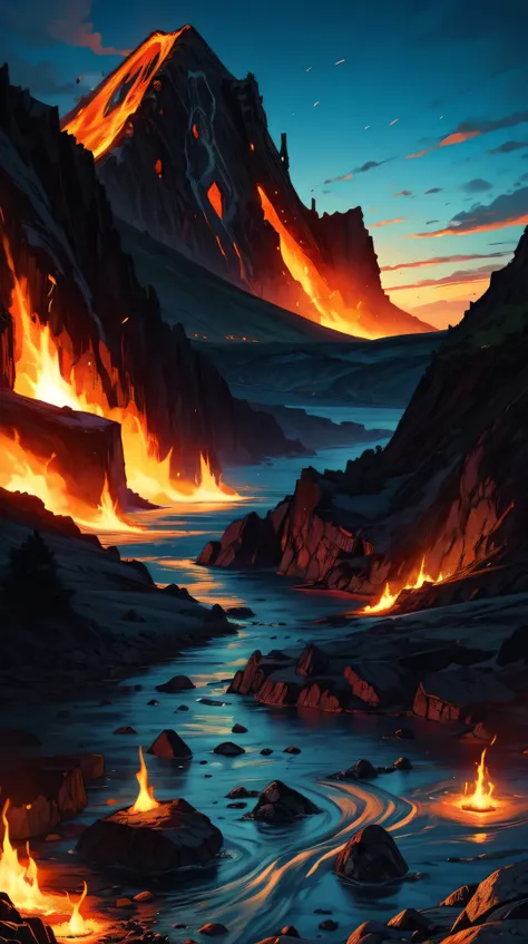 "A volcanic landscape with flowing lava streams, black volcanic rock, and a bright blue sky. The vivid colors and intense natural beauty make the scene feel exotic and dramatic."