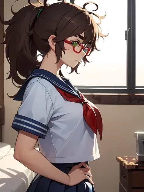 (high ponytail:1.3),(messy hair:1.9),(brown hair:1.1),(thick eyebrows:1.1),(RED handed over the glasses),(large breasts:0.6),,((green eyes)),break,

(Navy Blue,Cute Sailor Uniform,Checkered Pleated Skirt),break,

(Close your eyes:1.2),(Pull your chin in),b...