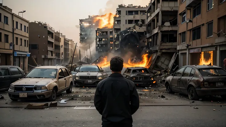 MAN LOOKING AT THE HORIZON, LANDSCAPE OF DESTRUCTION, FIRE, SMOKE, BROKEN BUILDINGS, CRAZY PEOPLE, BROKEN CARS, DESPERATE ON THE STREET