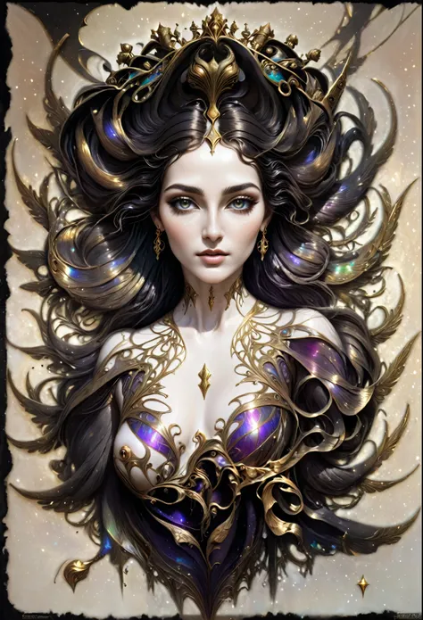 Beautiful Egyptian goddess, expressive face, detailed, piercing eyes, marked makeup, ornate and detailed crown, iridescent, flowing, intricate and detailed golden robes, ethereal, dreamlike, vibrant lighting and dramatic poses, 8k, masterpiece, detailed, p...