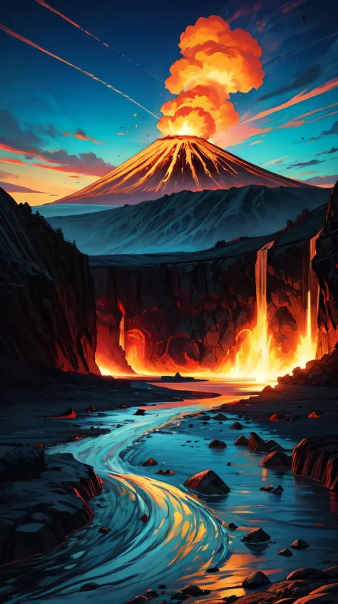 "A volcanic landscape with flowing lava streams, black volcanic rock, and a bright blue sky. The vivid colors and intense natural beauty.