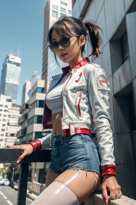 ((1 girl)), work of art, hyper realistic, Asian teenager, delicate face, Beautiful face, perfect body, delgado, ((leaning against the side of a building)), ((ponytail hair)), (((wearing a tight white translucent top with a short red leather jacket))), ((ex...