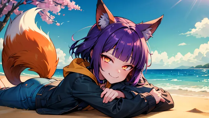 cute, short, joyful appearance, in a blouse, in denim shorts, on a sandy beach, , (flat chest 1.8), drawing style: anime, 16K, joyful smile, (crazy and greedy look 1.8), full HD, (purple hair 1.5), (Glowing orange eyes 1.7), Fox ears(1.7), orange fox tail(...