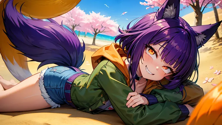 cute, short, joyful appearance, in a blouse, in denim shorts, on a sandy beach, , (flat chest 1.8), drawing style: anime, 16K, joyful smile, (crazy and greedy look 1.8), full HD, (purple hair 1.5), (Glowing orange eyes 1.7), Fox ears(1.7), orange fox tail(...