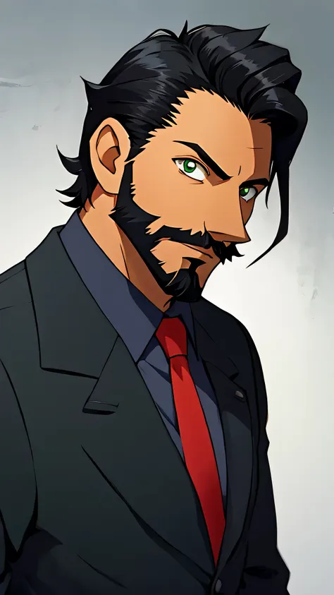 1male ,black hair, green eye, black suit, red necktie, black beard, father,