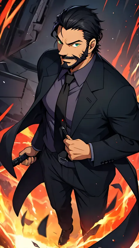 1male, solo,black hair, green eye, black suit, red necktie, black beard, father,focus,