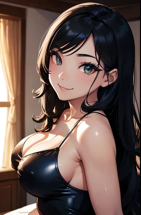 Realistic, a glamour shot of a shy Asian waifu with a wide smile (extremely long wavy black hair), hand on her chin, hard nipples, big ass, leaning toward the viewer, cowgirl pose, with Smokey eyeshadow and knowing smile, heavy eyeshadow and mascara, weari...