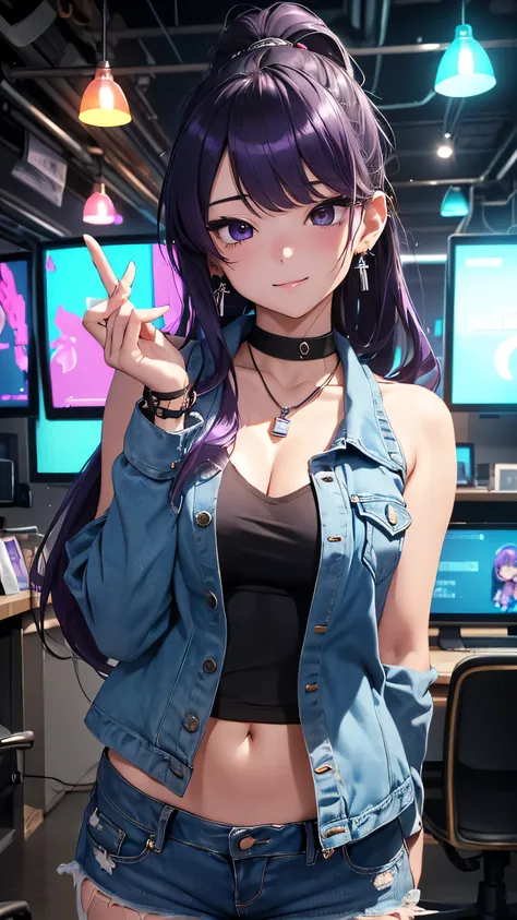 最high quality、best image quality、masterpiece、girl((20-year-old、 By becoming、vest bust、medium bust,wide open breast tea、Shining eyes, purple hair、long hair、thin,highest valley、ponytail、distressed denim shorts、black belly button shirt、Damaged Denim Jacket、sm...