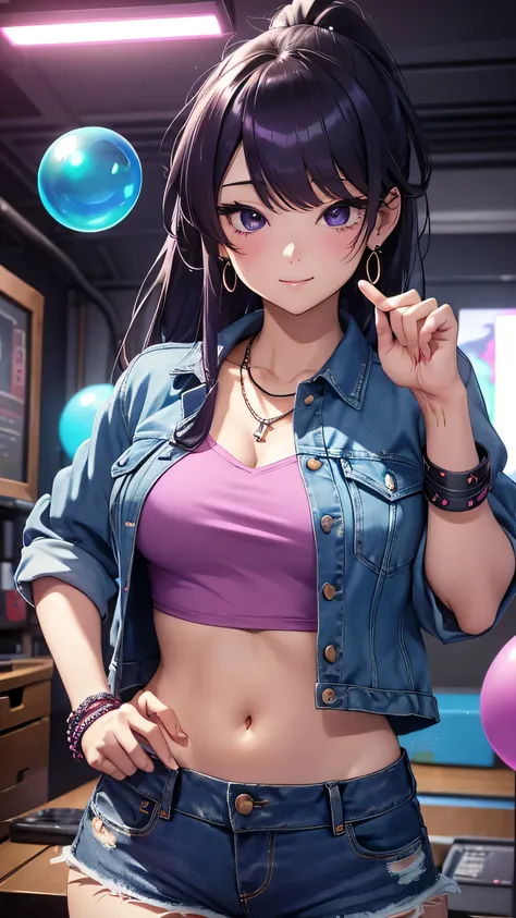 最high quality、best image quality、masterpiece、girl((20-year-old、 By becoming、vest bust、medium bust,wide open breast tea、Shining eyes, purple hair、long hair、thin,highest valley、ponytail、distressed denim shorts、black belly button shirt、Damaged Denim Jacket、sm...