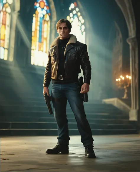 DVD screengrab from The Wizard of Oz, this 20th century cinema style, full body image, shows in high detail, Leon S. Kennedy with a determined expression, wearing a dark brown leather bomber jacket with a fur-lined collar over a fitted tactical outfit with...