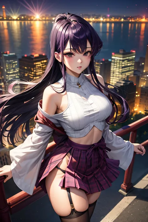 Masterpiace, high quality, ultra detail, woman, crop top, japanese, long hair, purple hair, skirt, stockings, open legs, from above, cinematic lighting, city ligths, river, bokeh, ship, sexy posture