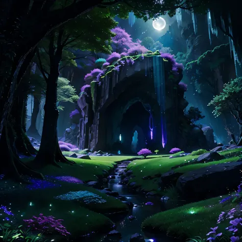 a magical cave with glowing crystals, surrounded by lush green trees, enchanting moonlight, intricate details, ethereal atmosphere, fantasy landscape, cinematic lighting, vibrant colors, photorealistic, 8k, masterpiece