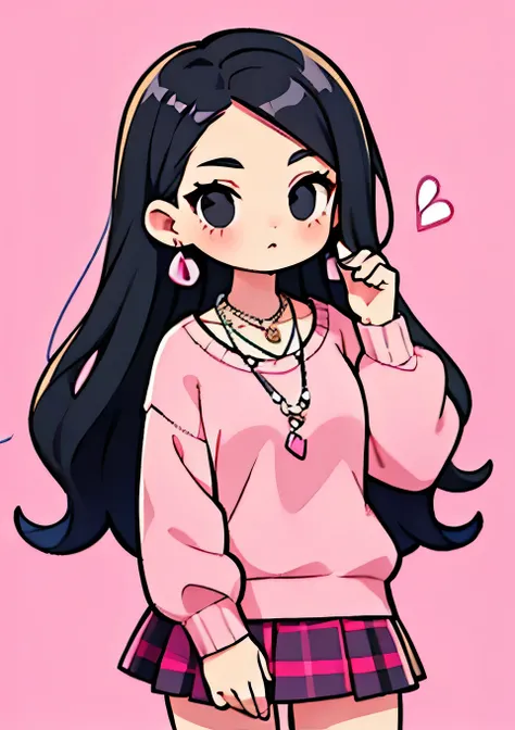 White Girl With Long Black Hair Black Eyes In Pink Sweater And Pink Mini Skirt With A Pink Necklace with Big Tits 