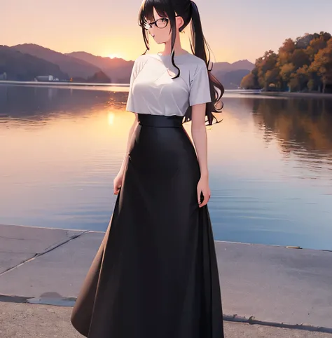 1girl, lake with autumn trees, sunset, white skirt, long skirt, narrow waist, maxi skirt, tight pencil skirt, red t shirt, red shirt, wavy hair in pony tail, black hair, smooth skirt, floor length skirt, tight, glasses, full body