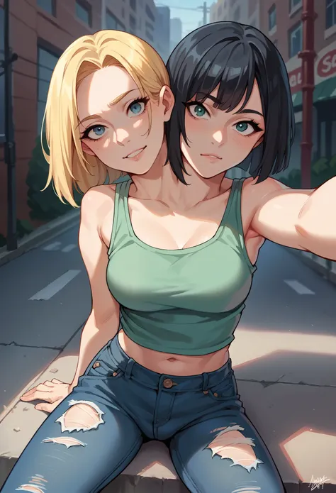 anime girl with two heads, selfie shot, conjoined, blonde hair, black hair, different hairstyle, different expressions, differen...