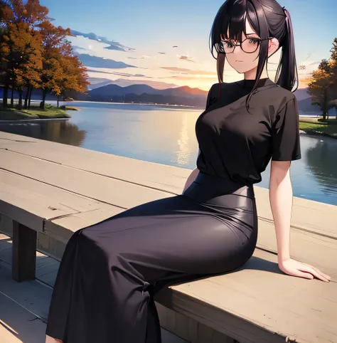 1girl, lake with autumn trees, sunset, black skirt, long skirt, shiny slilk skirt, narrow waist, maxi skirt, tight pencil skirt, purple t shirt, purple shirt, hair in pony tail, black hair, smooth skirt, sun reflects off skirt , sitting on bench, floor len...