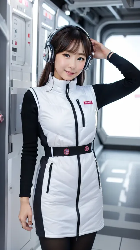 (Best Quality), (masterpiece), 1080P, High resolution, 4K, 8k, Inside the space station、Futuristic room、One Woman,20yo,astrovest,white shiny latex astrovest, black long sleeves,white down skirt,BREAK Shooting from directly below,Composition seen from below...