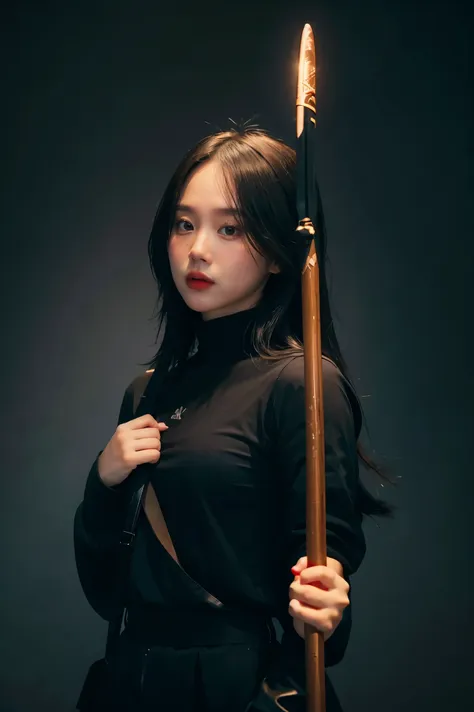 i want to put together a female character wearing a black outfit, with a dark tone, and who is holding a sickle in his right han...