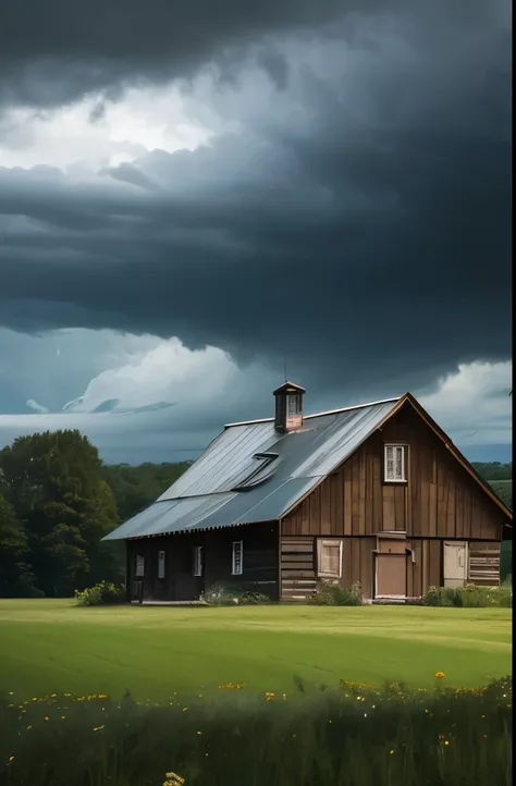 Dark storm clouds loom over an old wooden farmhouse in the countryside, surrounded by lush green fields and trees. The atmosphere is tense and moody, with the impending storm casting deep shadows over the landscape. The photograph captures a rich contrast ...