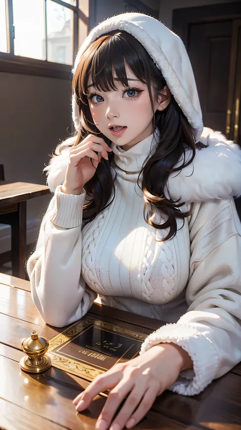 (table top、highest quality、8k、Award-winning work、ultra high resolution)、one beautiful woman、(Wear a thick, large fur coat and a turtleneck knit elegantly:1.3)、that&#39;s right、brown hair、(short hair:1.1)、epic movie lighting、(Romantic affection:1.1)、(The mo...