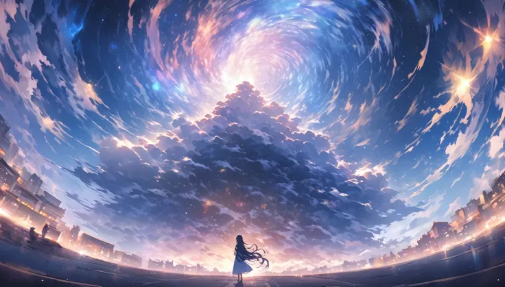 Full body, WS zoom out wide shot, long hair big eyes lovely woman is look up at the cosmos blue sky. She looking for her lover. milky-way in the sky The background is the street and the winds is brewing make her hair flow smoothly. the sky ratio in picture...