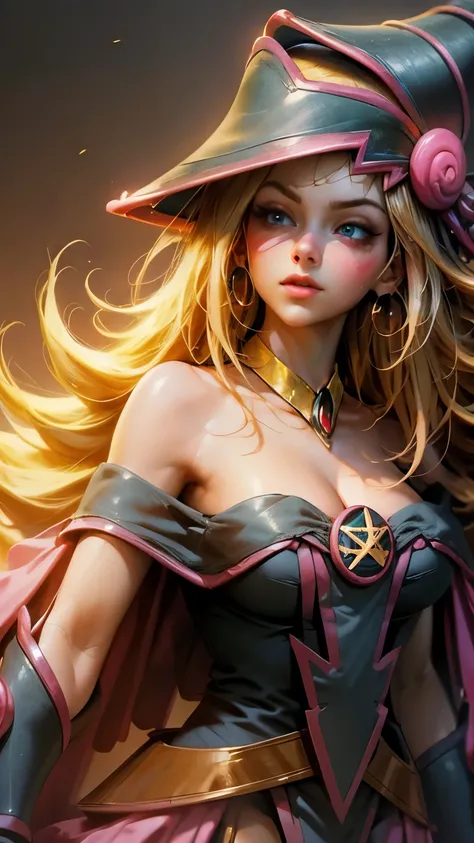 Beautiful face of the dark wizard Gils.. Blue eyes. brio in the eyes. Large and thick false eyelashes, pink lips. blush on the cheeks, profile pose. Looking to one end. Gold earrings. gold necklace. thin neck. Long golden hair. big cleavage. big breasts.