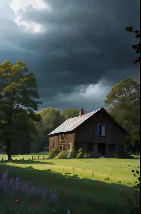 Dark storm clouds loom over an old wooden farmhouse in the countryside, surrounded by lush green fields and trees. The atmosphere is tense and moody, with the impending storm casting deep shadows over the landscape. The photograph captures a rich contrast ...