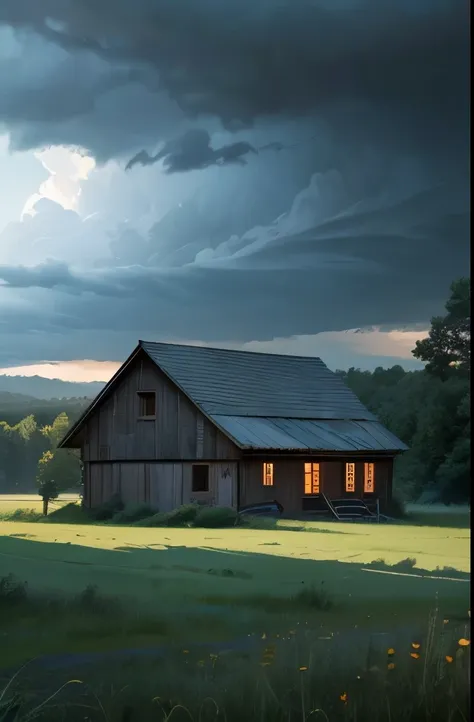 Dark storm clouds loom over an old wooden farmhouse in the countryside, surrounded by lush green fields and trees. The atmosphere is tense and moody, with the impending storm casting deep shadows over the landscape. The photograph captures a rich contrast ...