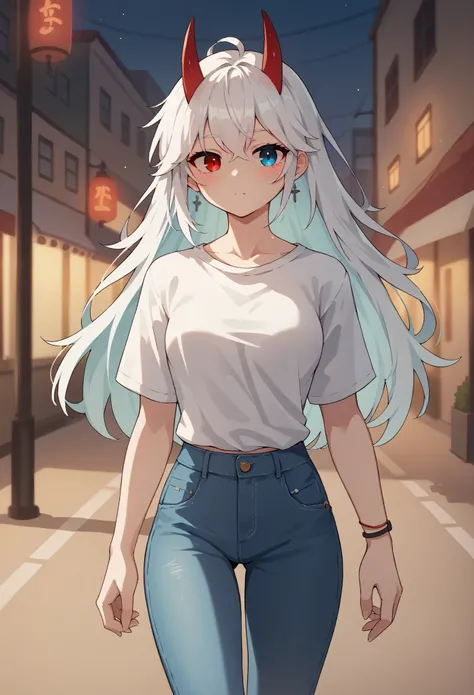 a single beautiful sexy slim girl, girl has long white hair with bangs covering her forehead, with heterochromia eyes, with freckles on the brim of her noes, with small red horns peaking out of her hair, with medium breasts and waist, wearing a white shirt...