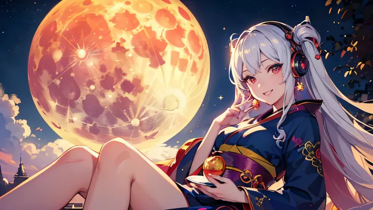 ((masterpiece,highest quality)),(((Super Detailed super smile Woman1))),Super detailed face,Super detailed eye,kimono,Sitting,day time,Fantasy,Calm,nebula,8k High resolution,(((1 fullmoon))),((vibrant colors)),Wearing red headphones