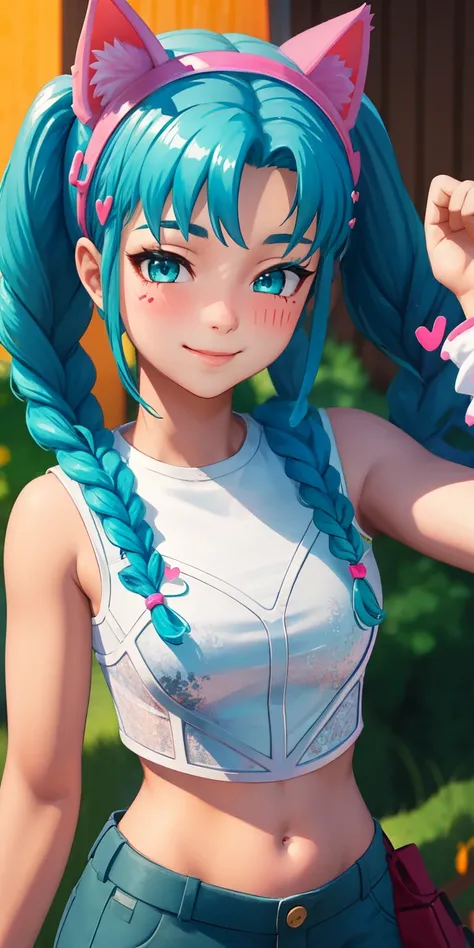 1girl,aqua hair, twintails, braided, aqua eyes, (eyeshadow1:1), (blush:1.1),upper body, heart,(speed lines:1.1), heart navel, cat ears headband, pink head band, white crop top, smile, looking at viewer, facing viewer, wink, 