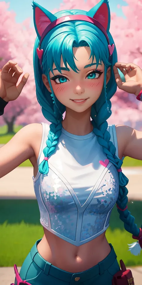 1girl,aqua hair, braided, aqua eyes, (eyeshadow1:1), (blush:1.1),upper body, heart,(speed lines:1.1), heart navel, cat ears headband, pink head band, white crop top, smile, looking at viewer, facing viewer, wink, 