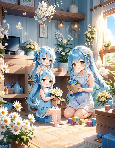 Light blue long hair、Twin-tailed mother and her child, a chibi character、Close-up、Playing with building blocks in a sunny living room、Stacking building blocks、A happy smile、The living room is decorated with lots of white daisies and orchids.