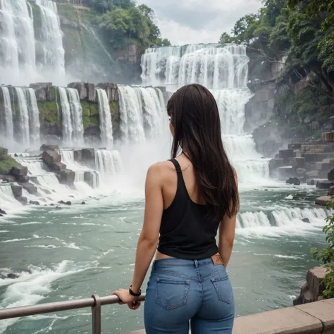 generated a young white woman with dark brown hairstyle, medium size chest, she wear a black tank top and jeans, facing away from the camera and looking at the waterfalls of Niagara Falls from behind an iron fence. Wide shot, full body