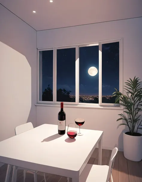 there is a glass of  red wine on a white wood table in a minimalist room, it is night time, moonlight, 