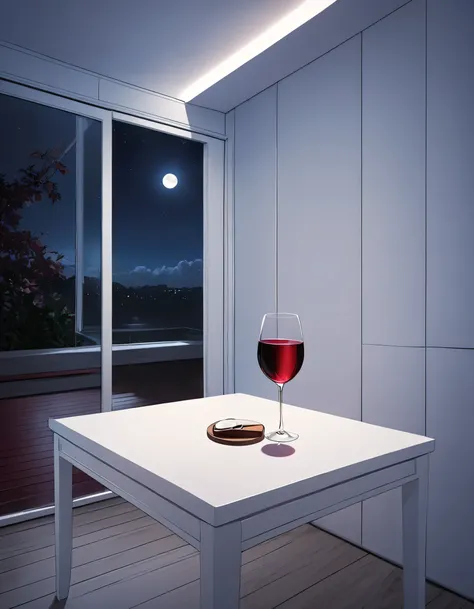 there is a glass of  red wine on a white wood table in a minimalist room, it is night time, moonlight, 