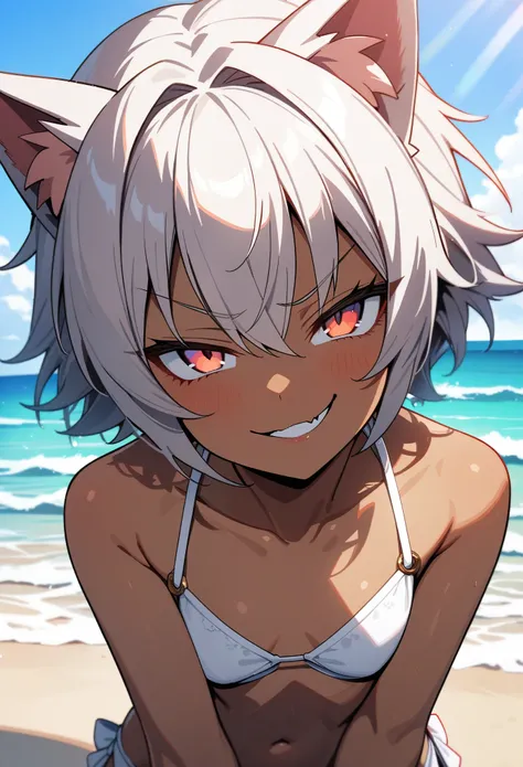 (best quality:1.2), (highest quality:1.2), (perfection:1.1), (flawless:1.1), beach, 1girl, cat girl, bikini, (lewd look:1.1), (evil smirk:1.2), (loli:0.9), (dark skin:1.1), short hair, (best quality eyes:1.1), highly detailed, 4K, 8K, best quality resoluti...